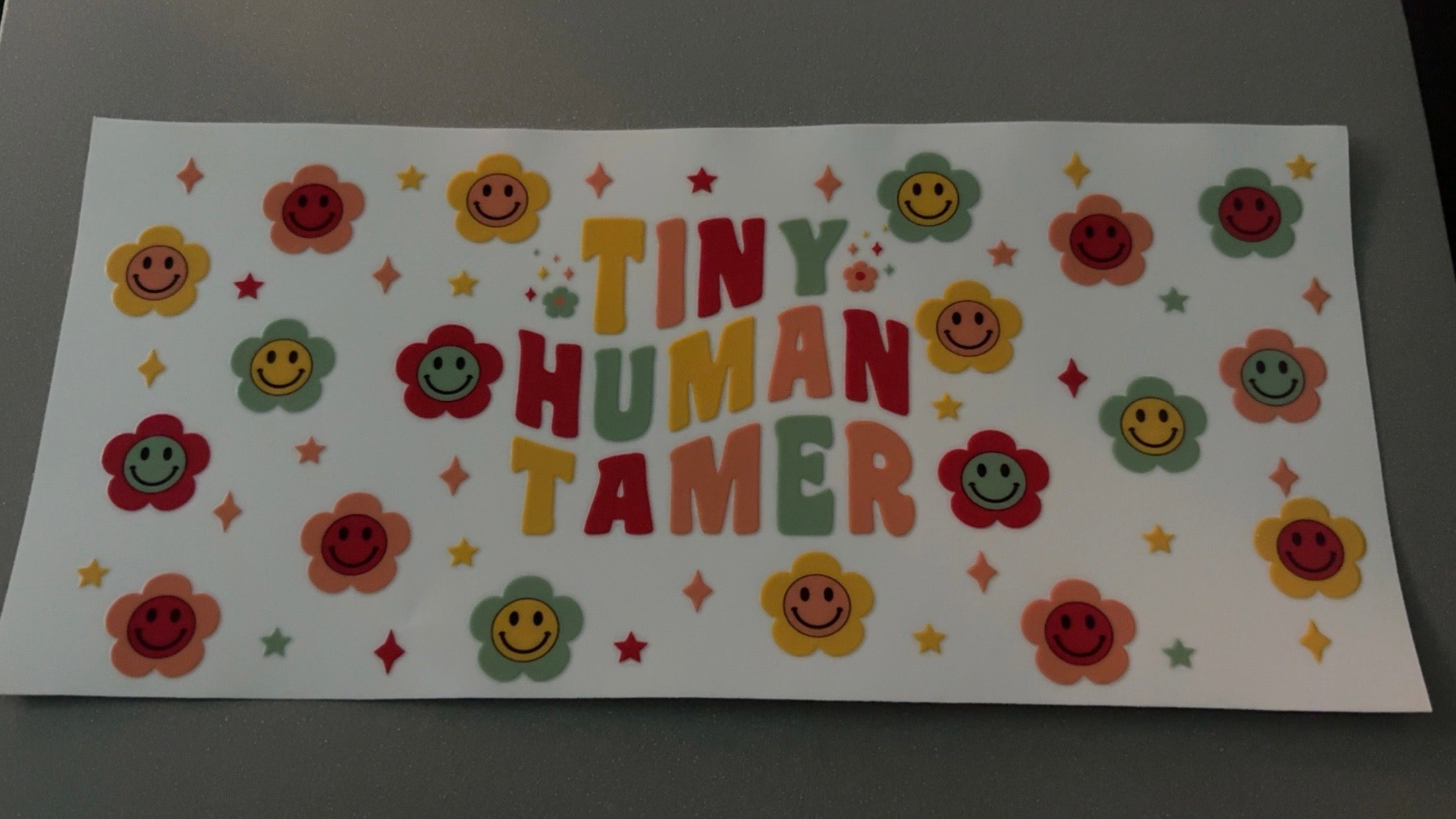 Tiny Human Tamer, colorful smiley face flowers