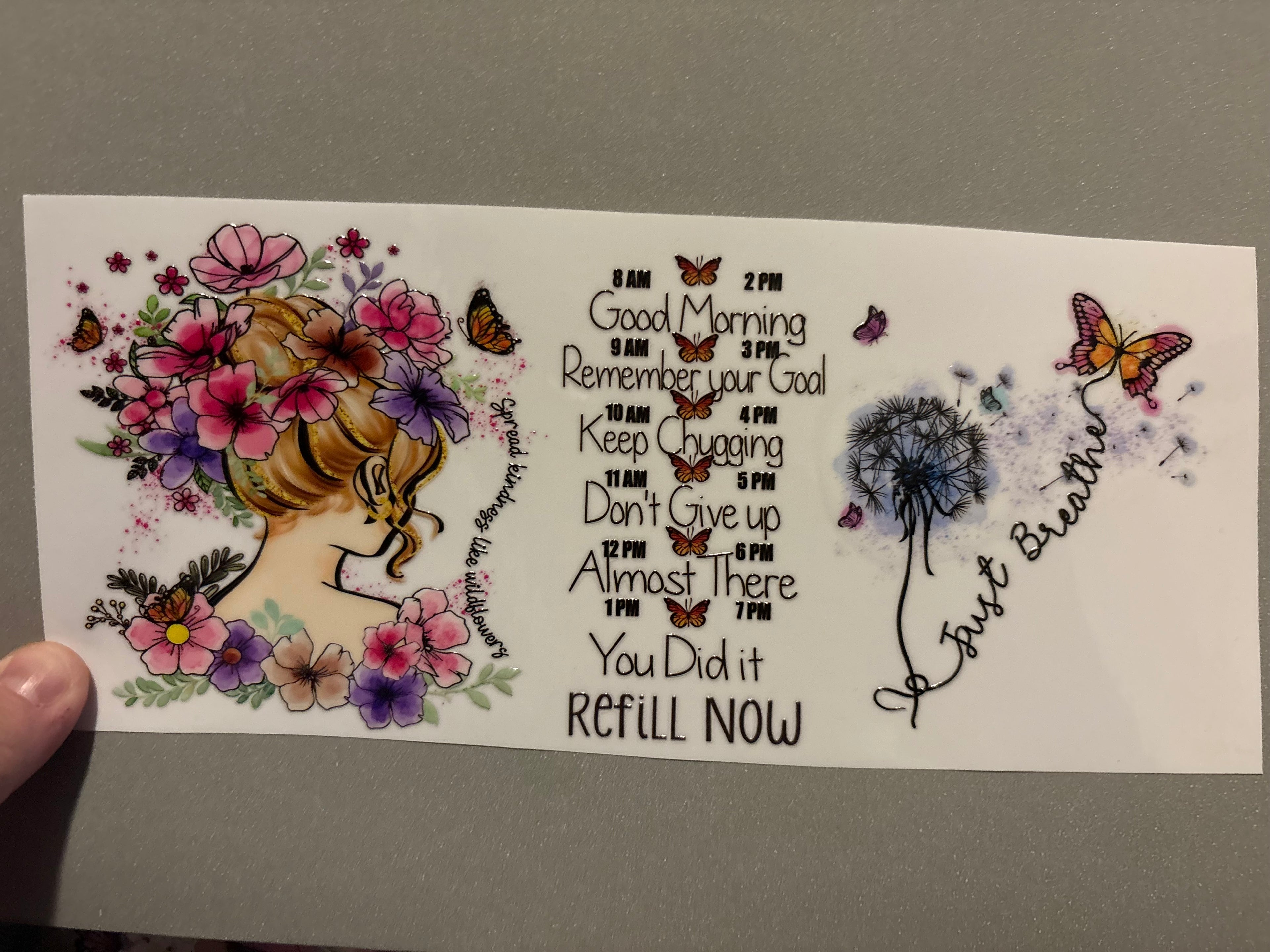 Motivational drinking times, girl with bun, flowers, butterfly