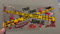 True crime junkie, caution tape, blood splats, blood hands, blood knife