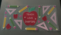 Teach, love, inspire, apples, pencils, hearts, triangles