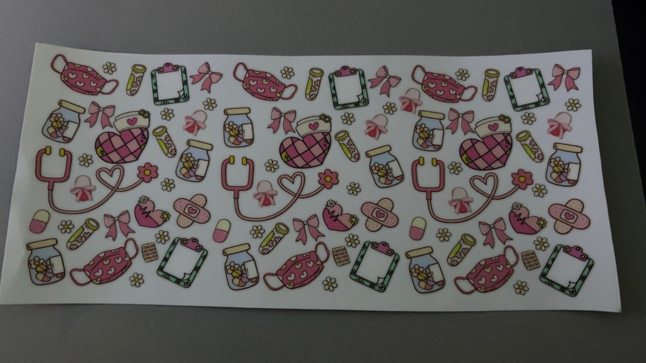 Nurse, masks, clipboards, stethoscopes, bandaids, flowers