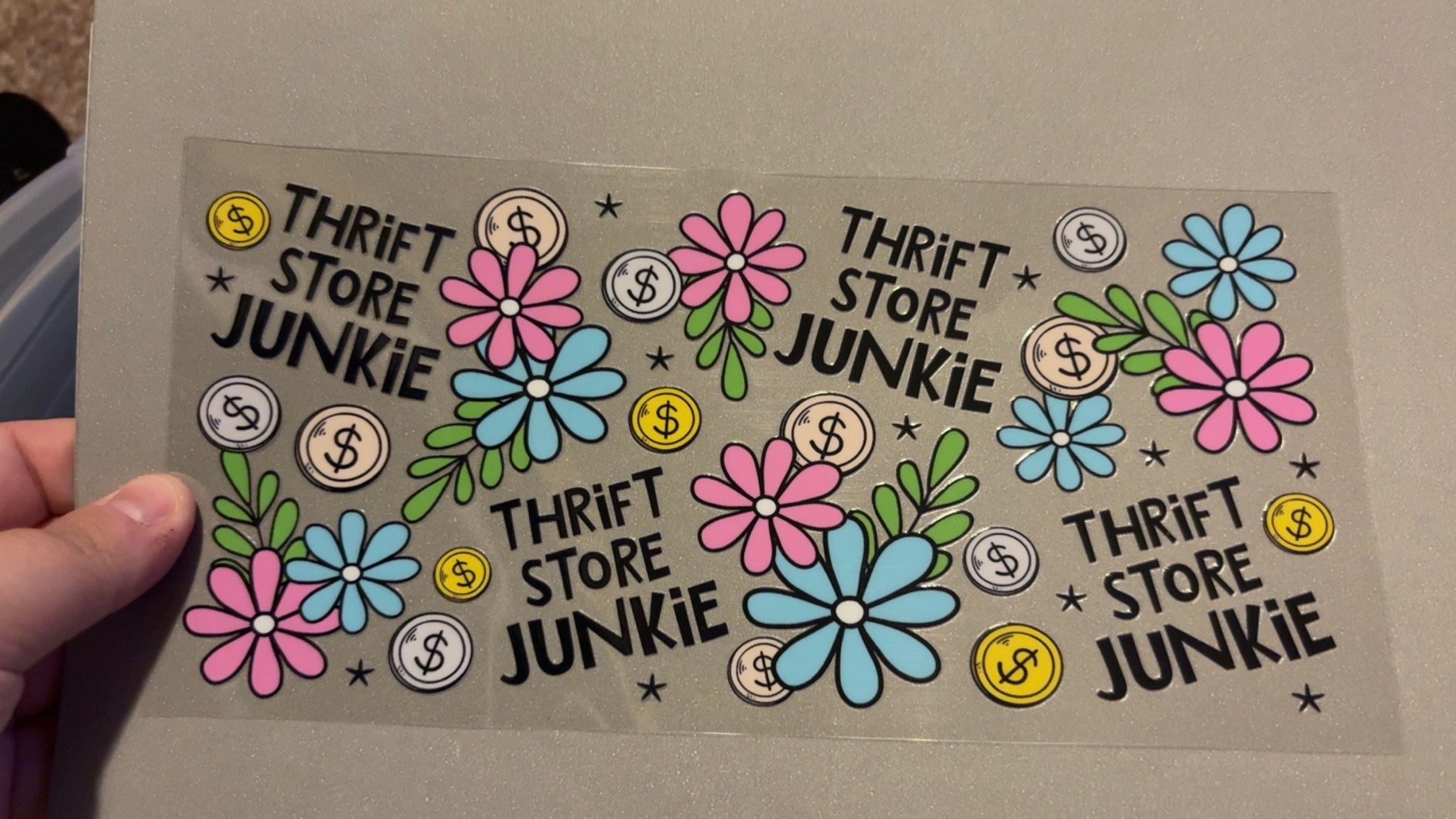Thrift store junkie, colored coins, colored flowers