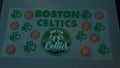 Boston Celtics with logo, shamrocks & basketballs