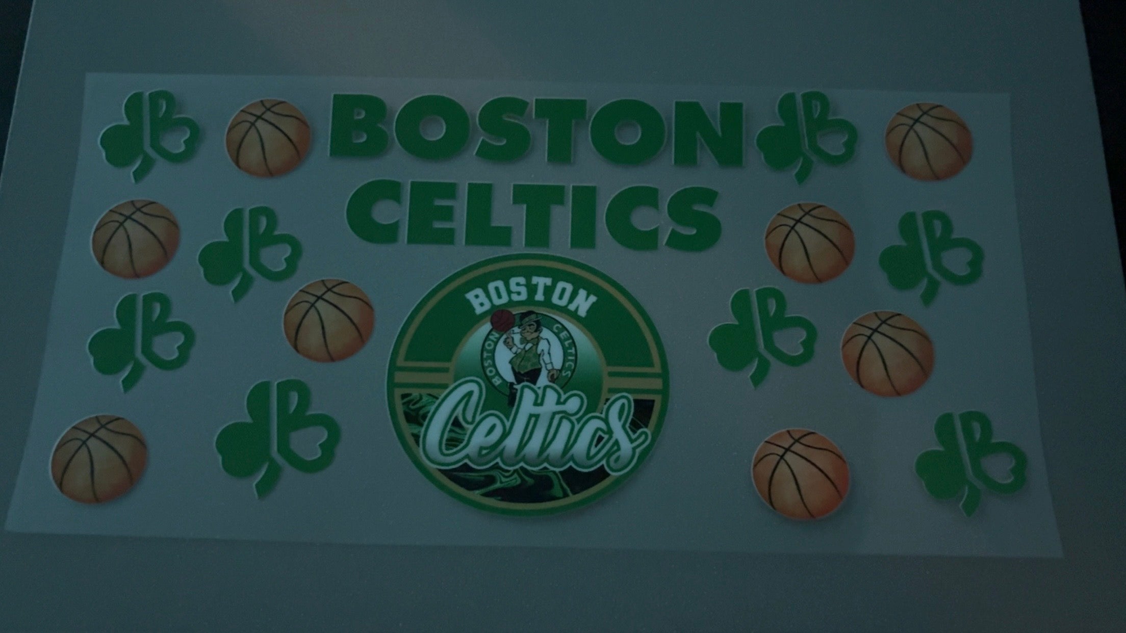 Boston Celtics with logo, shamrocks & basketballs