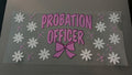 Probation Officer, pink bow, white flowers, pink sparkles