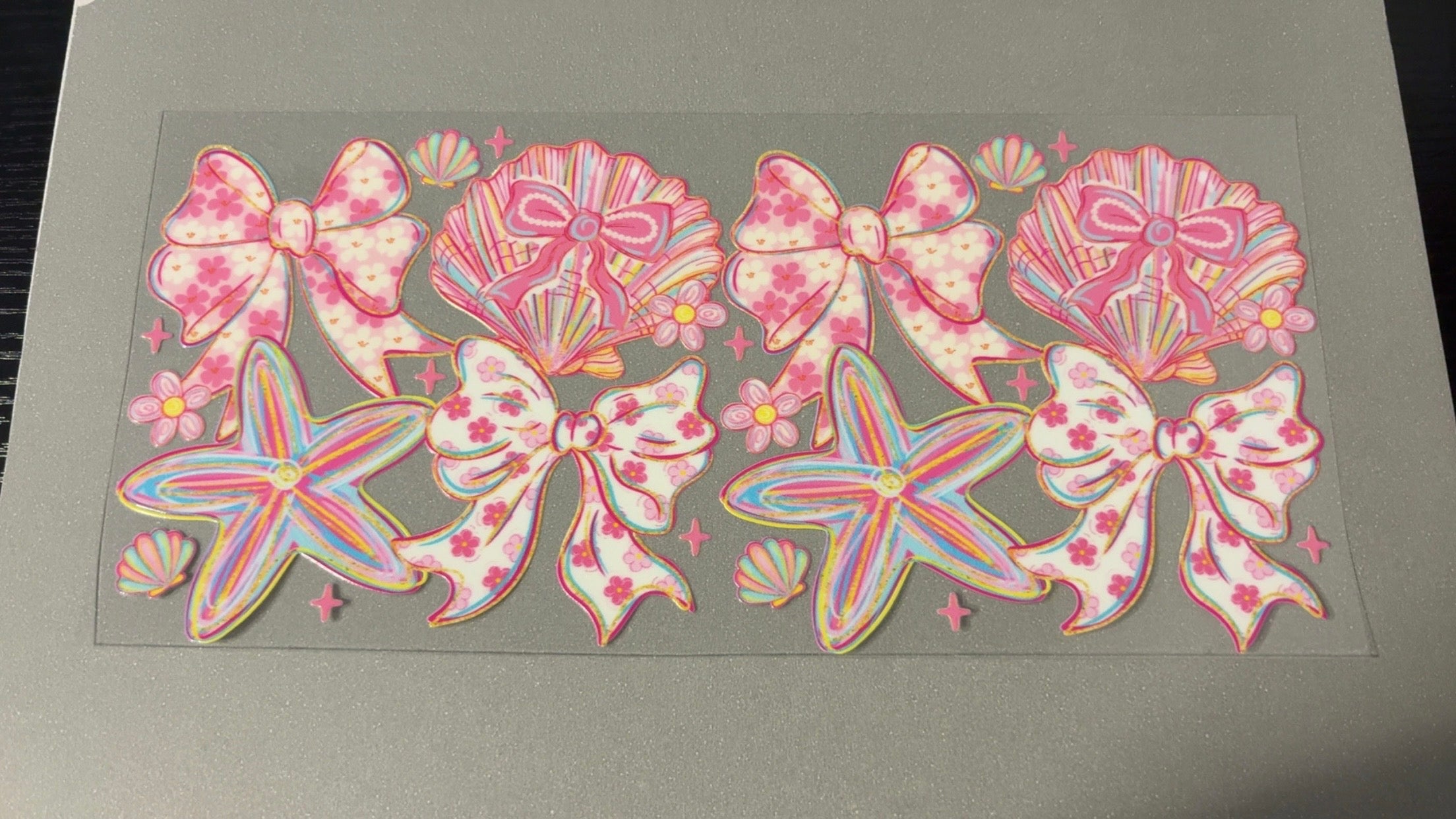 Pink starfish, pink bows, Seashells with bows, flowers