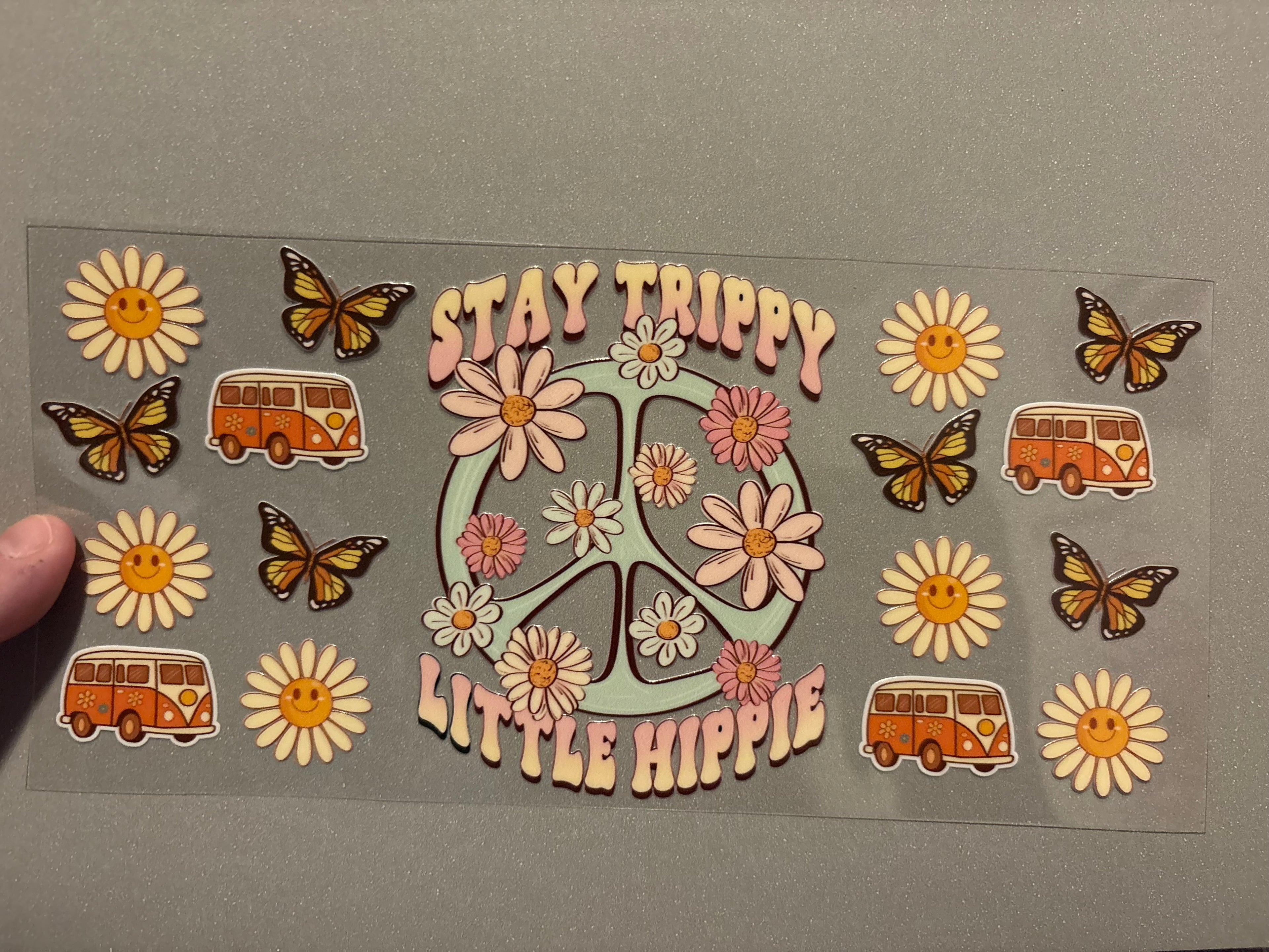 Stay trippy little hippie, peace sign, vans, butterflies, flowers