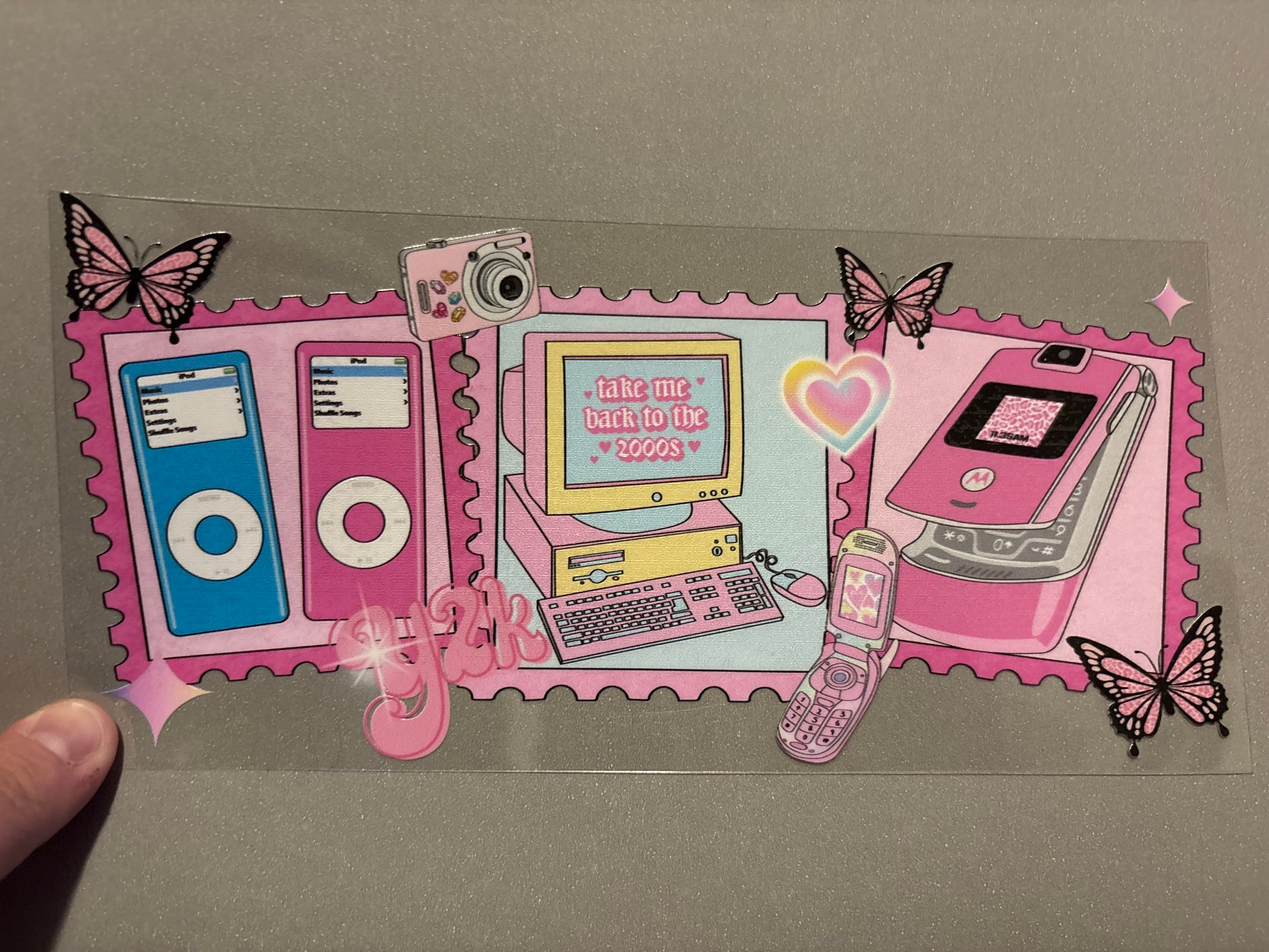 iPod's, computer, pink Razr phone, y2k, 2000s, stamps, pink butterflies