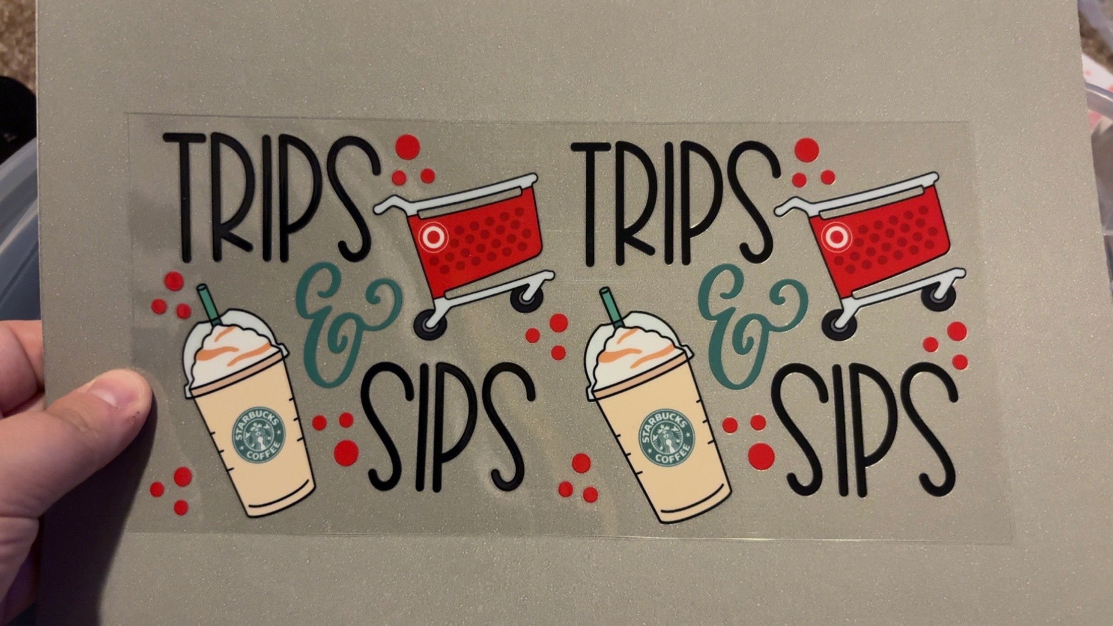 Trips & Sips, starbucks cups, target carts, red polka dots