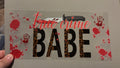 True crime babe, blood splats, blood hands, knife