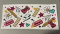 Erasers, rulers, pencil sharpeners, hearts, stars, flowers