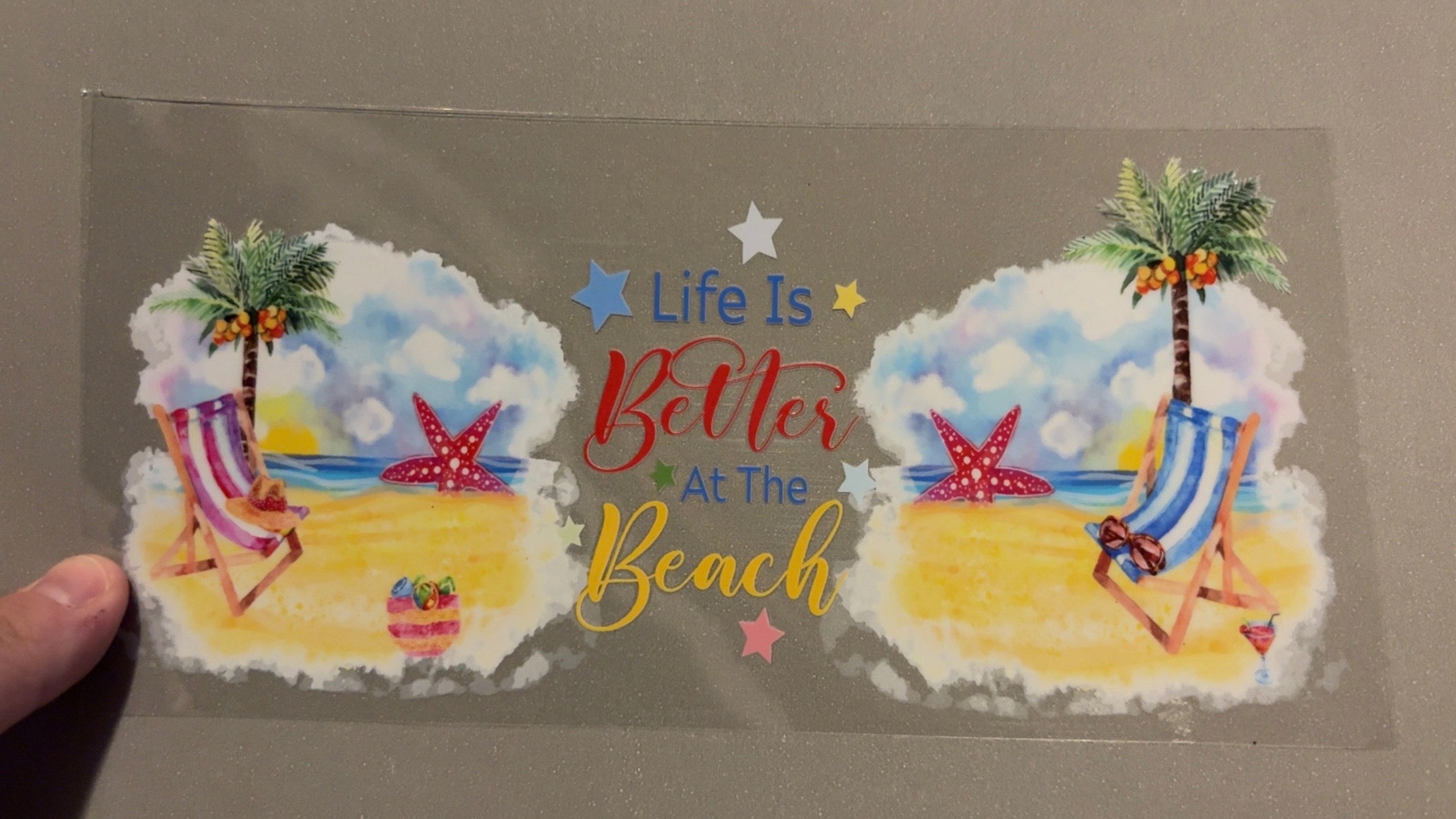 Life is better at the beach, sand, ocean, chairs, palm trees, starfish