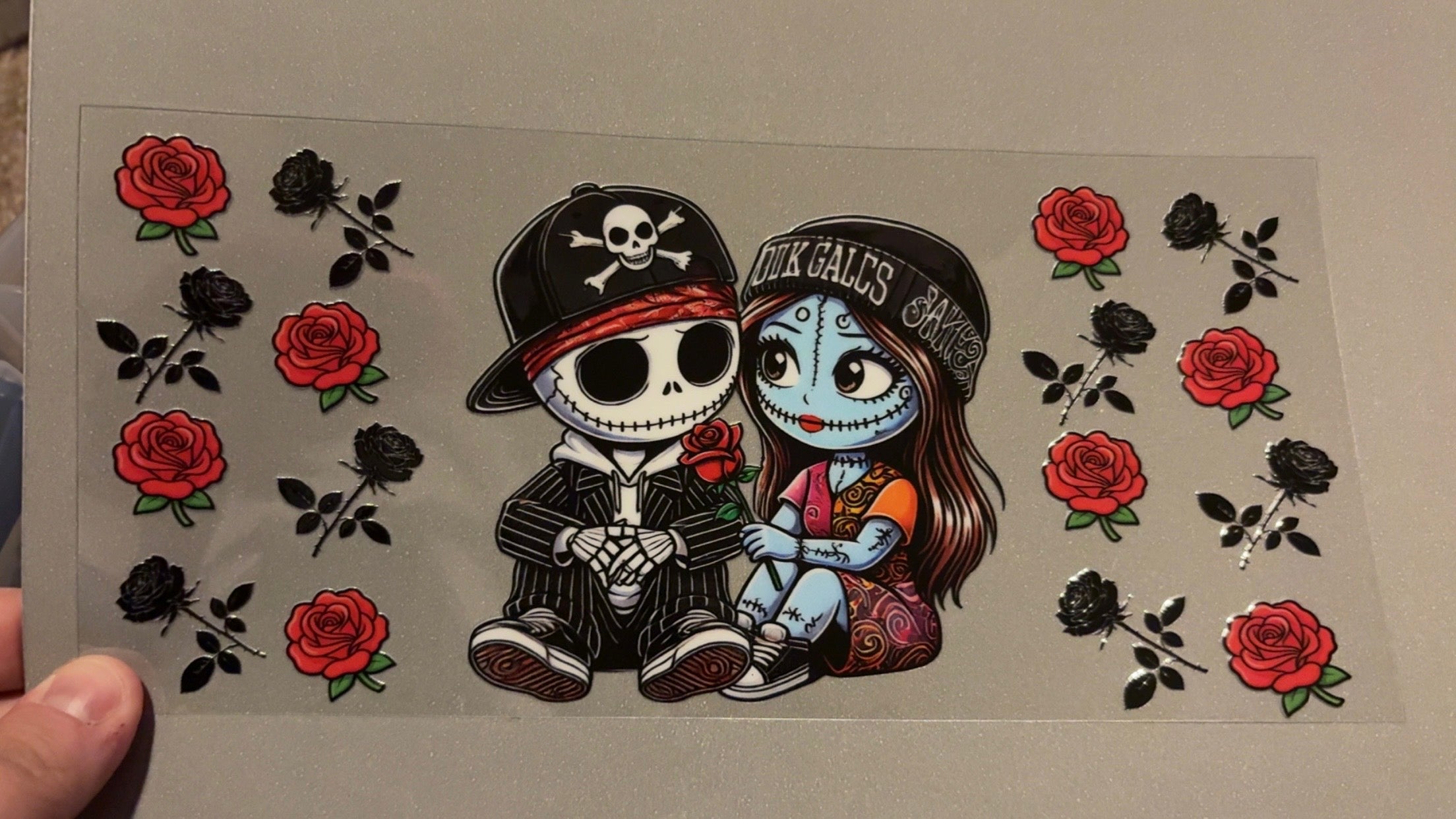 Jack & sally, backwards hat, black & red roses