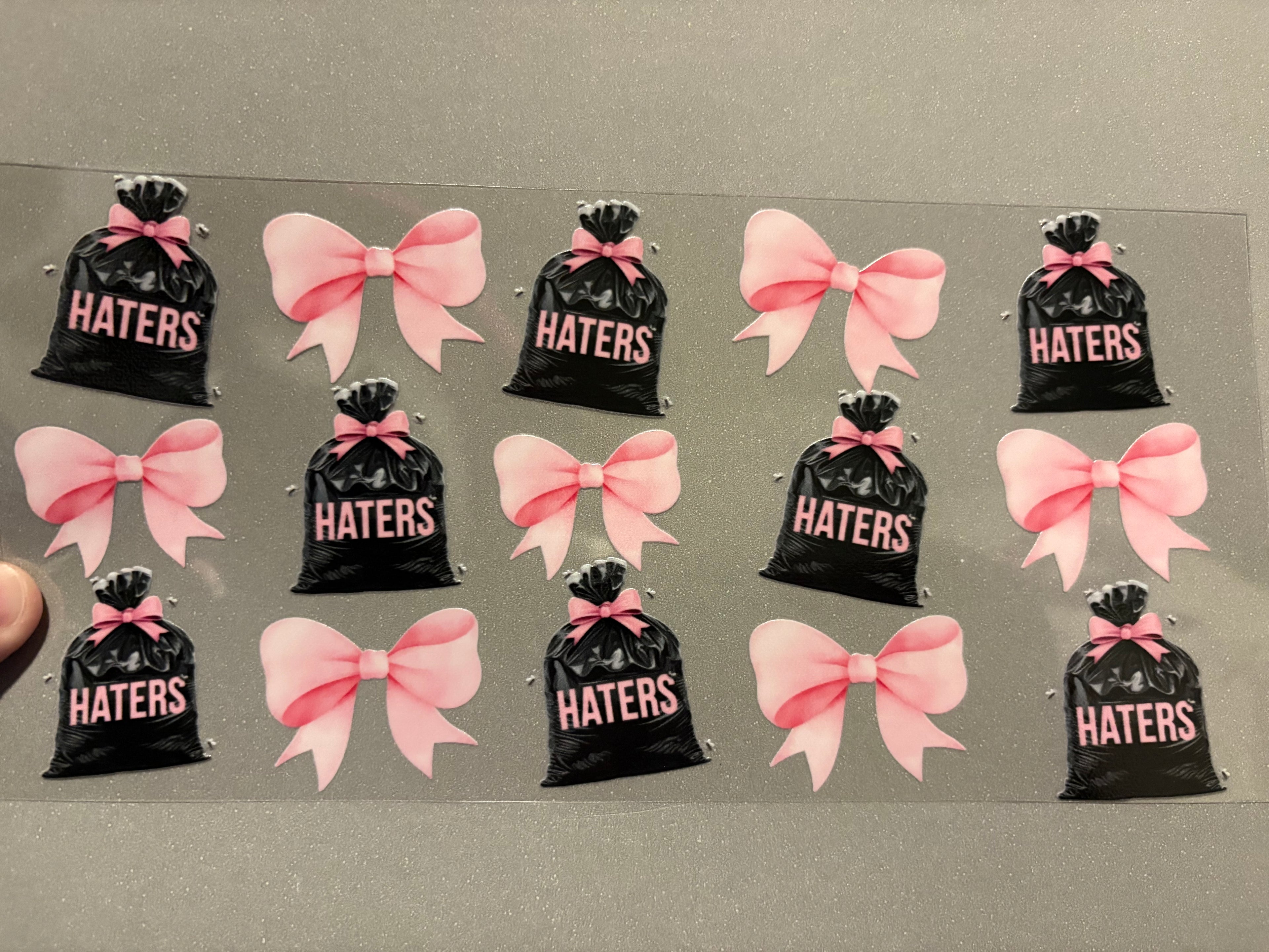 Haters trash bags, pink bows