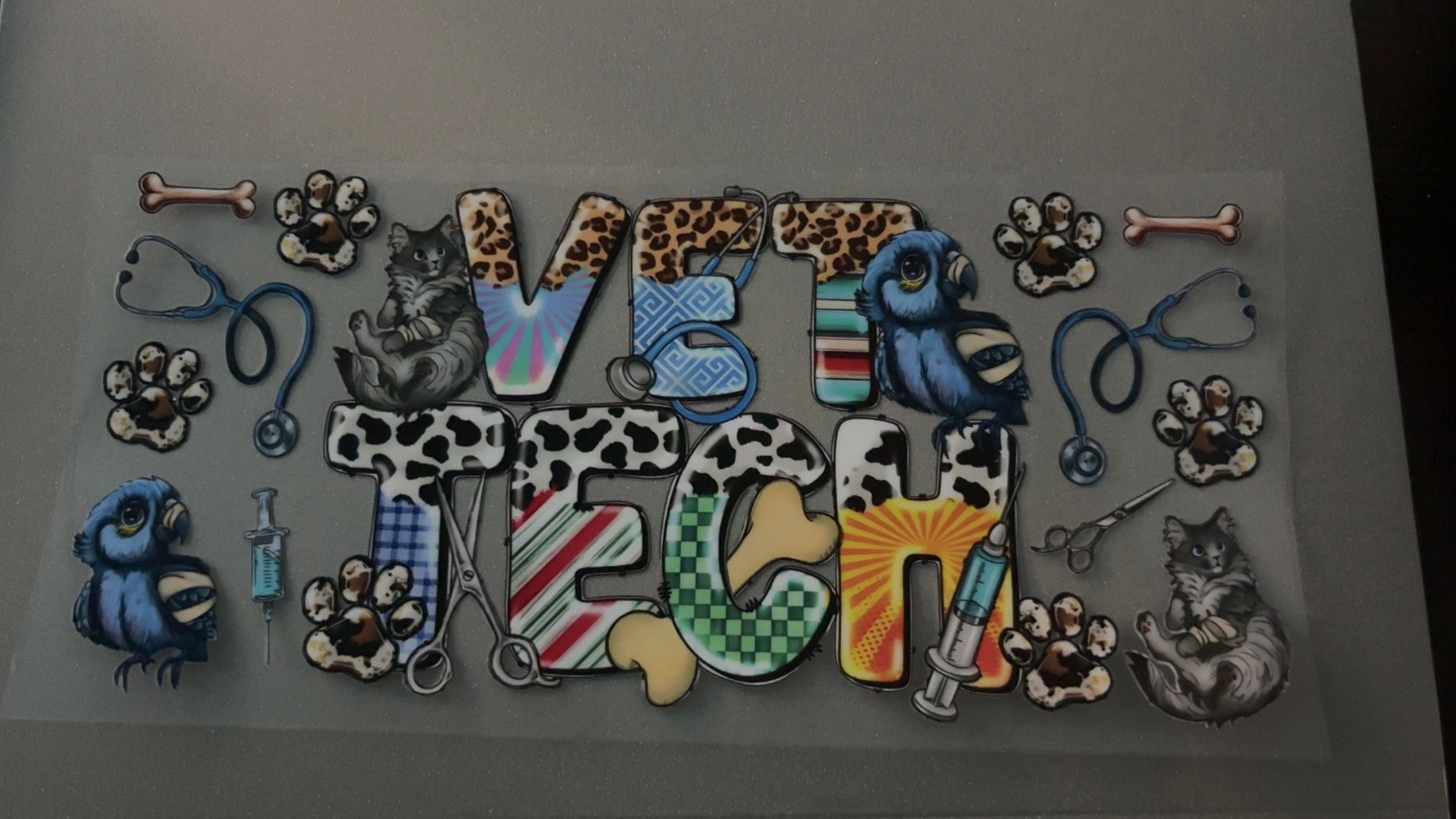Vet Tech, stethoscope, syringe, bones, paw prints, cats, bird
