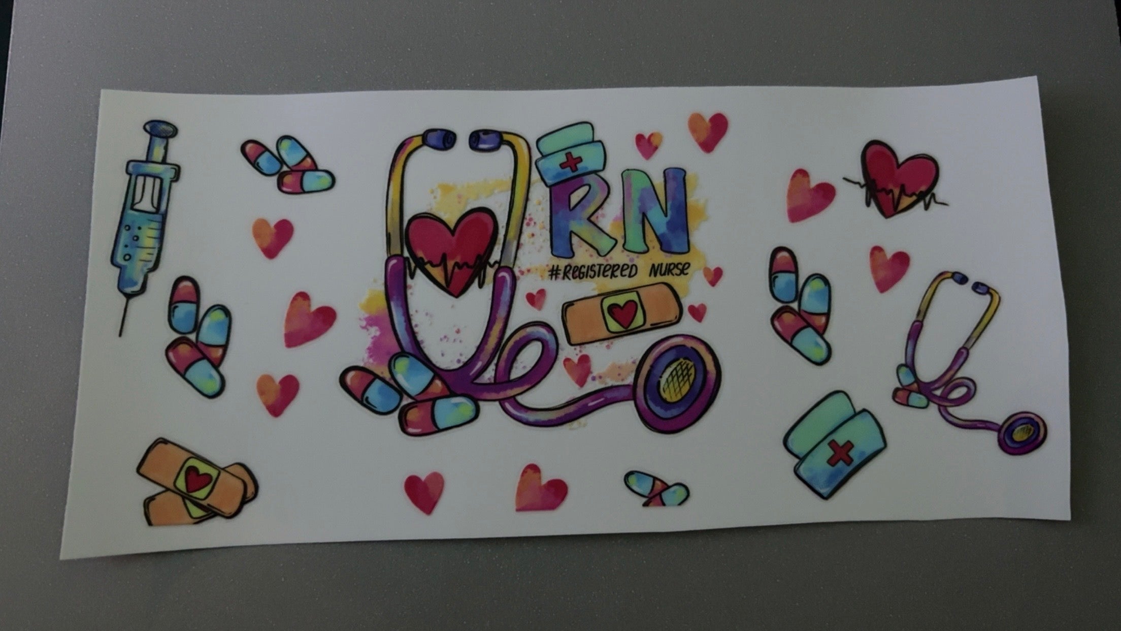 RN, syringe, stethoscope, pills