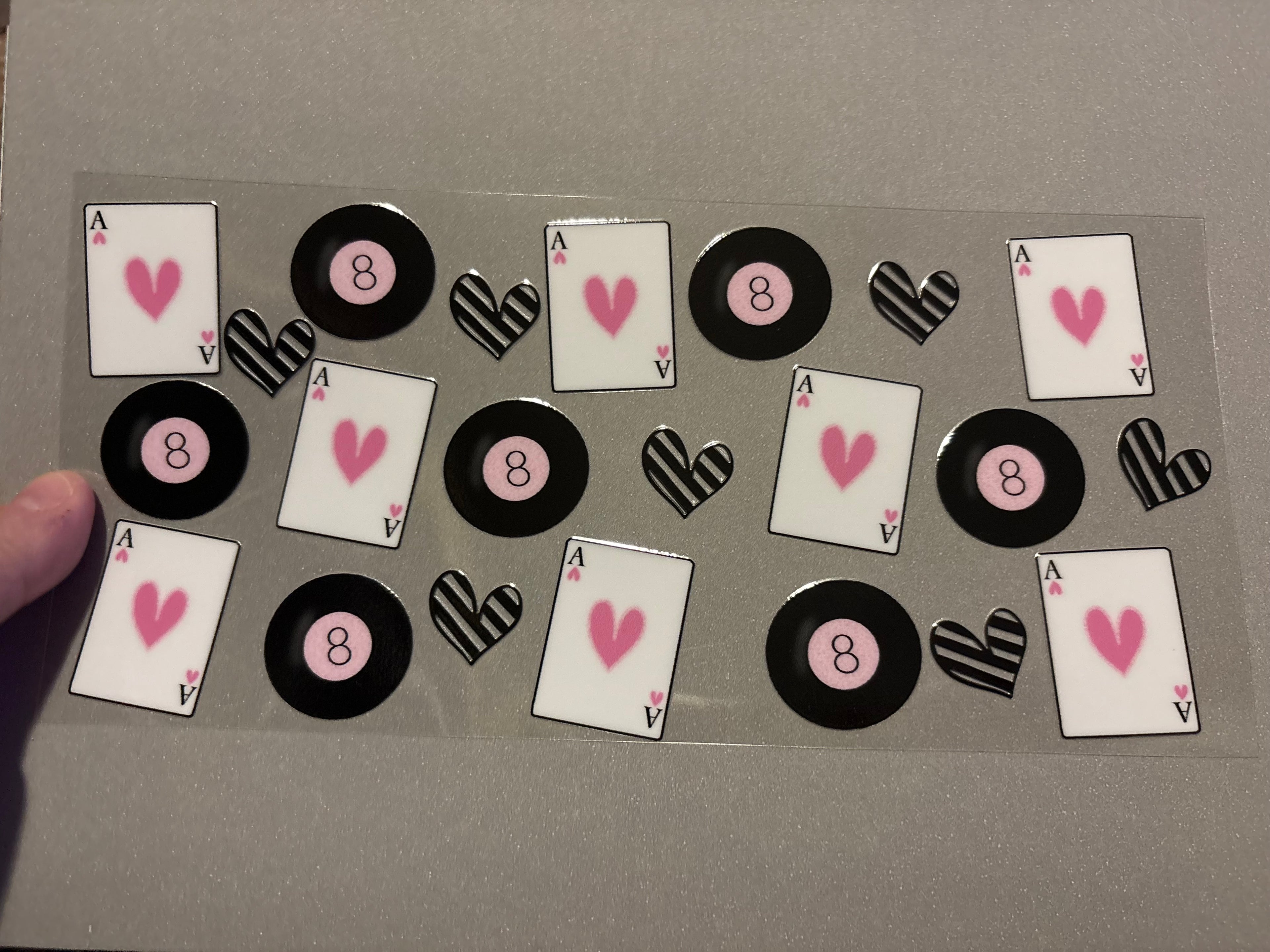 Ace cards with hearts, black & pink 8 balls, black hearts