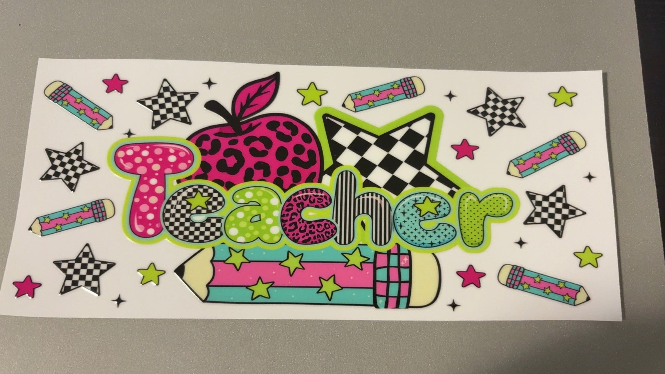 Teacher, pink cheetah apple