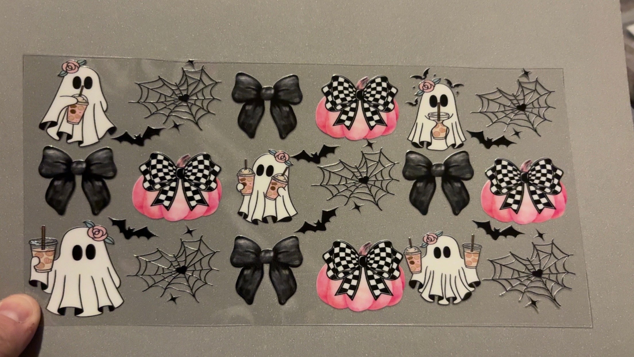 Ghosts with coffee, heart spiderwebs, pink pumpkins