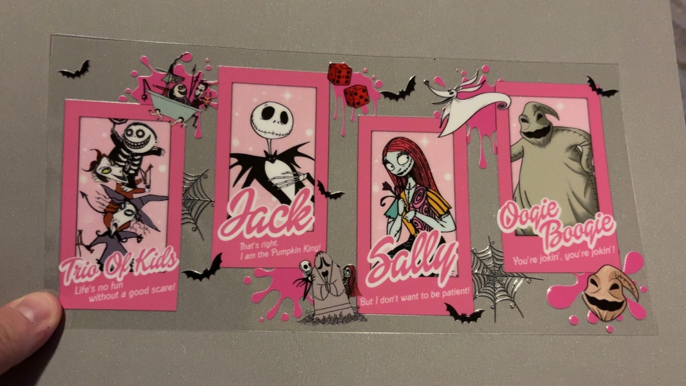 Pink, trio of kids, jack, sally, oogie boogie, pink paint splats