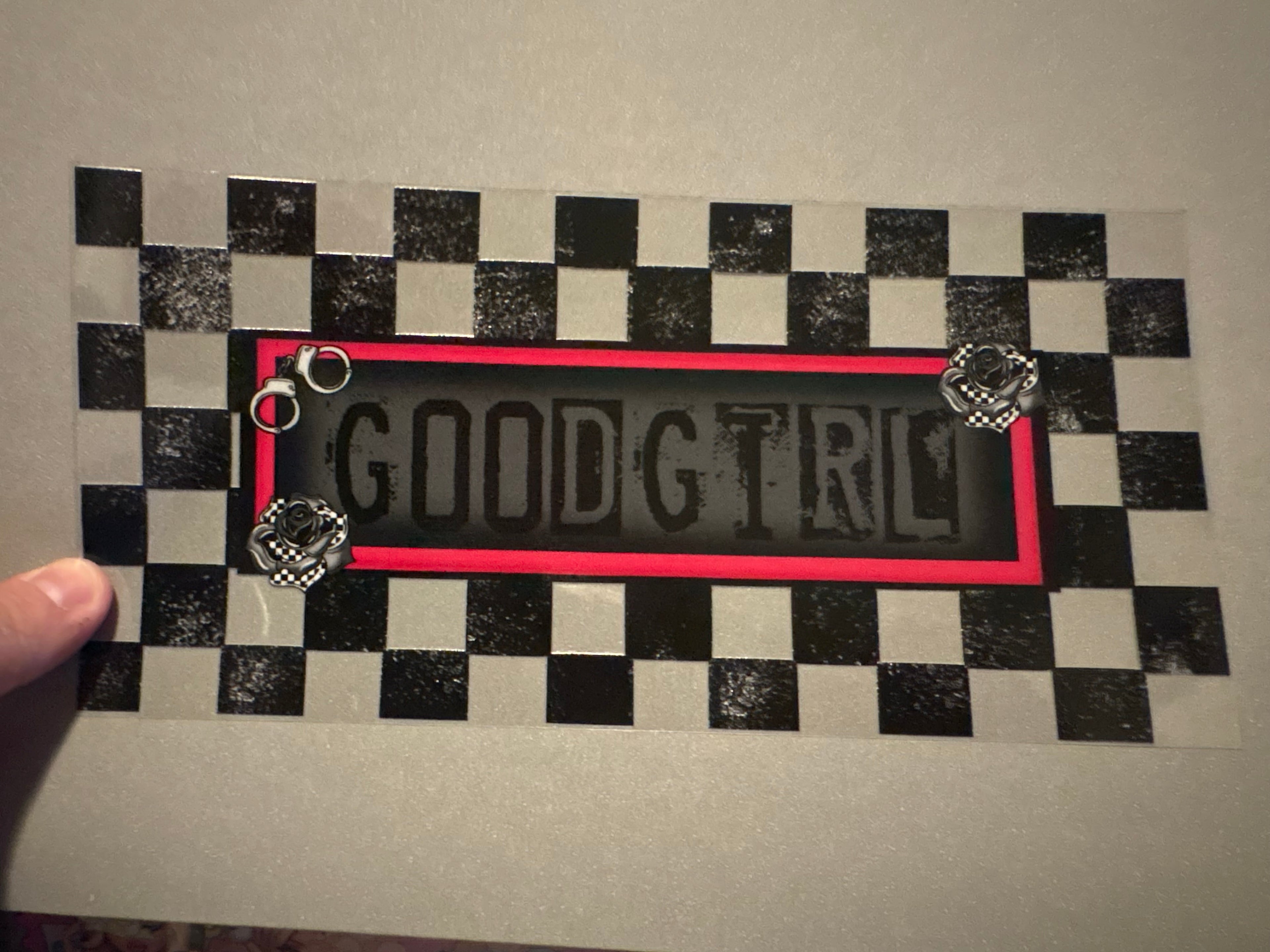 Good girl, checkered background, handcuffs & roses