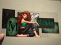 Merida, green shirt, black pants, barefoot