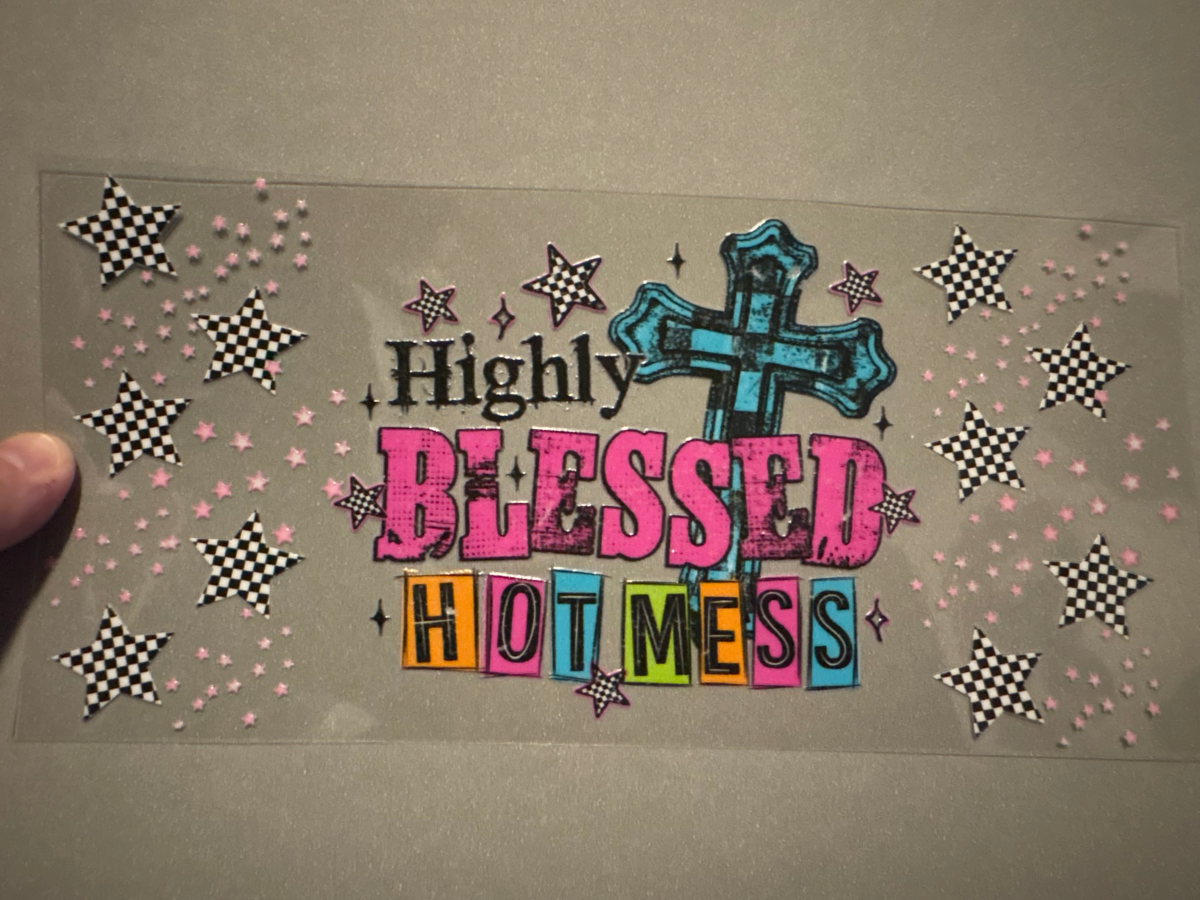 Highly Blessed hot mess, blue cross, checkered stars