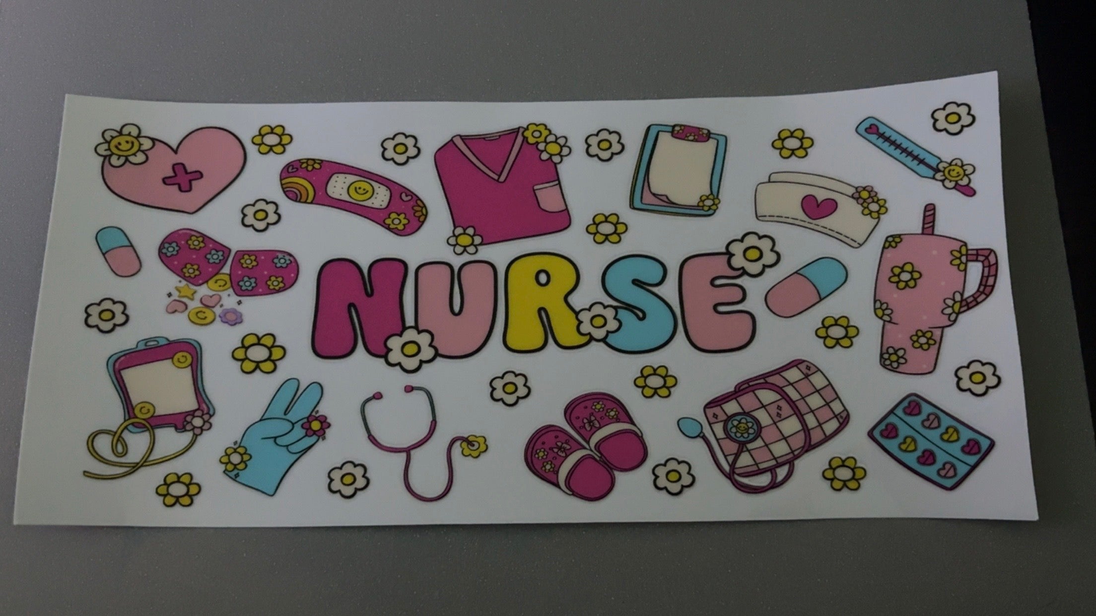 Nurse, clipboards, scrubs, stanley, gloves, flowers, pills
