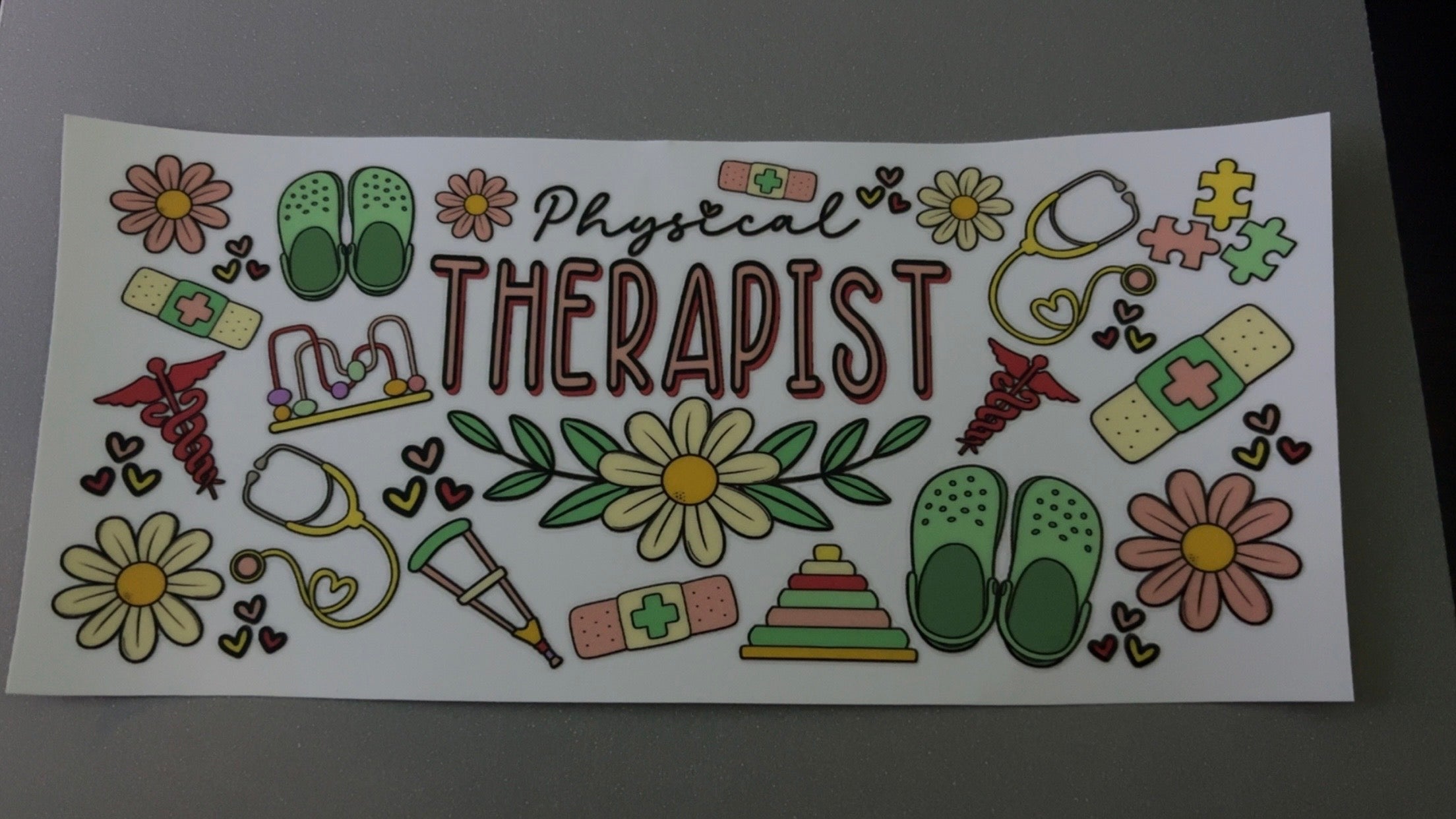 Physical Therapist, crocs, flowers, bandaids