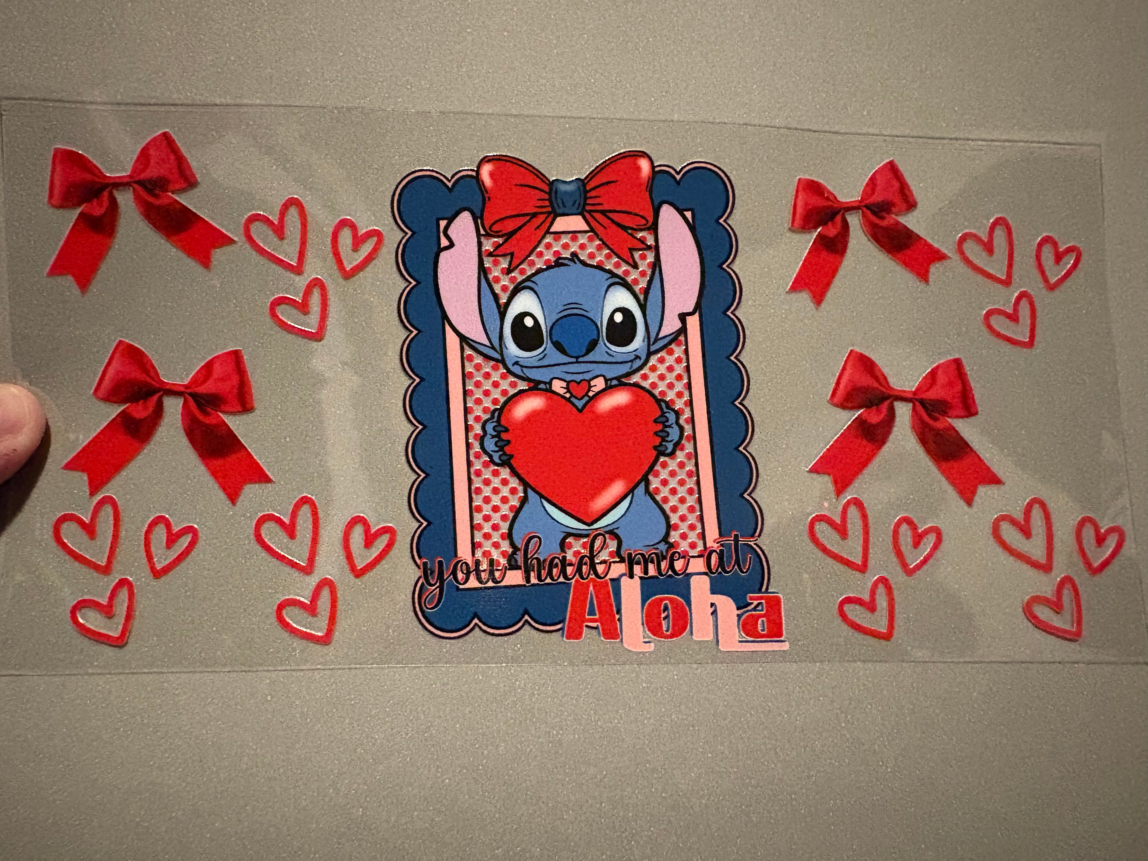 You had me at Aloha, stitch stamp, red hearts & bows