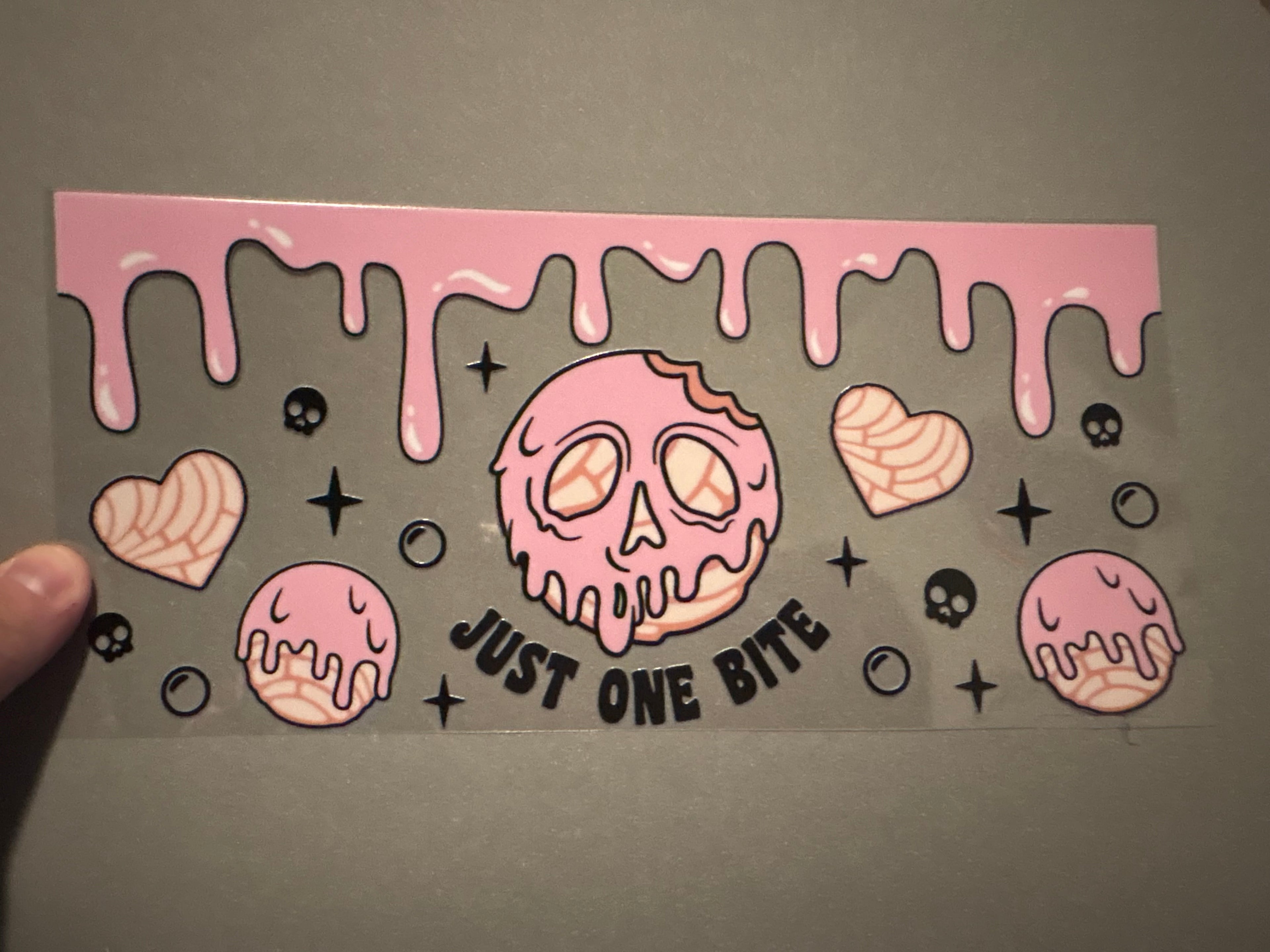 Just one bite, skull cookie, pink icing drip