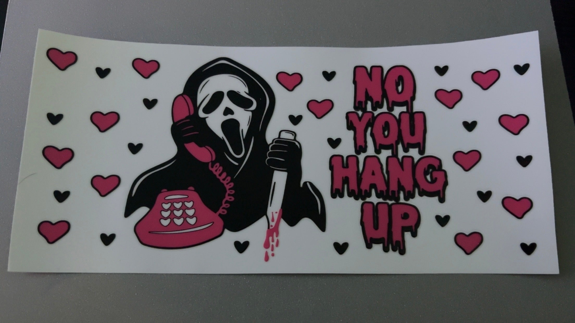 No you hang up, scream, pink phone, pink & black hearts