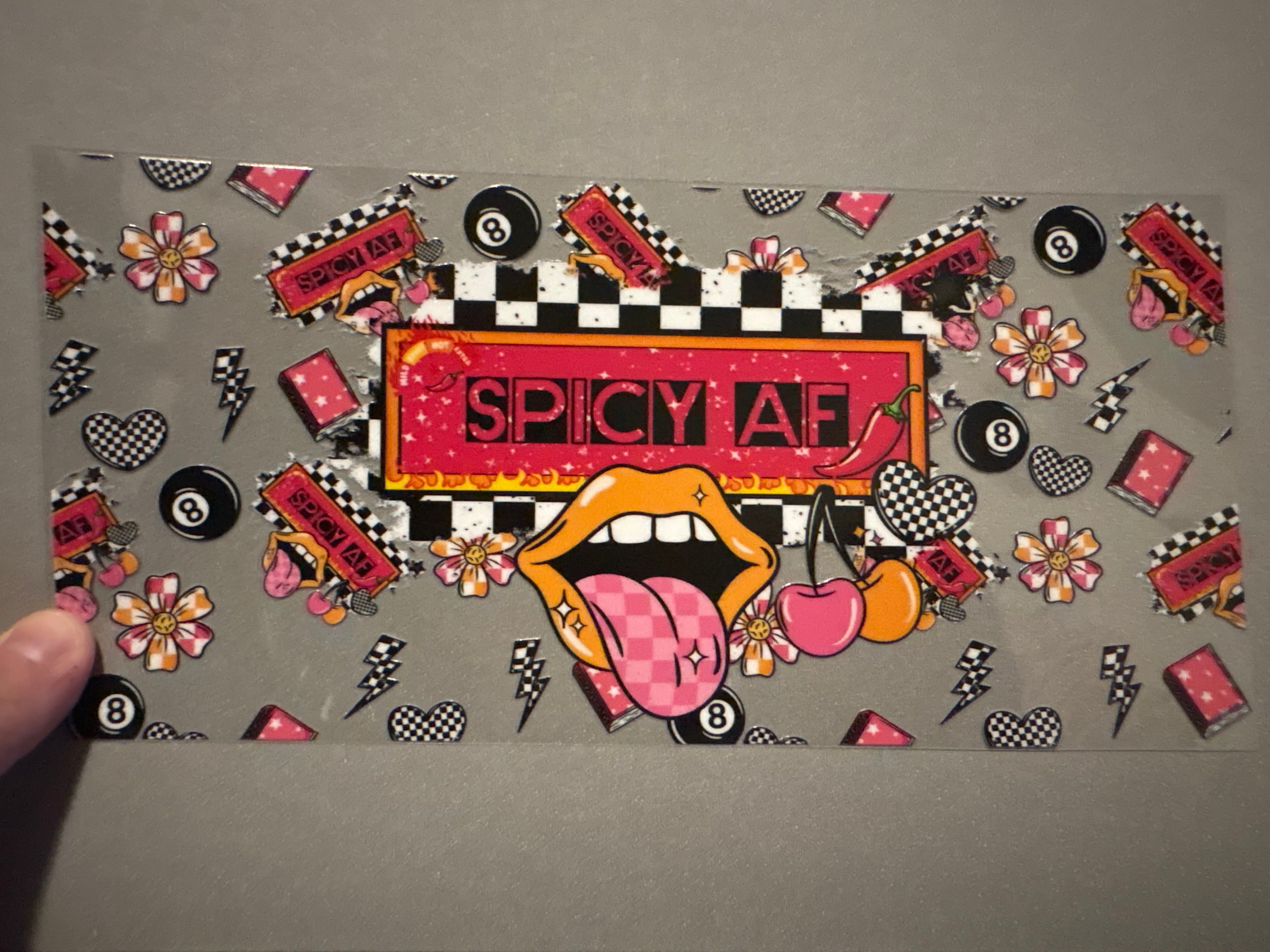 Spicy AF, pink checkered tongue, checkered hearts, 8 balls