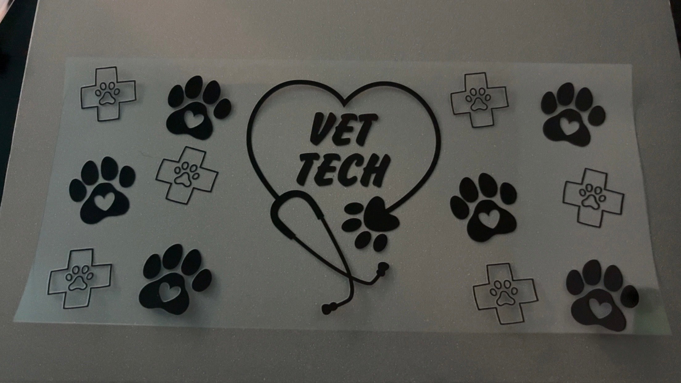 Vet Tech, stethoscope heart, black paw prints