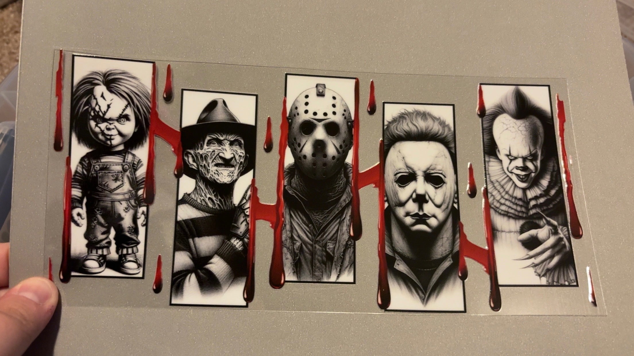 Black & white chucky, freddy, jason, michael, IT with blood drips