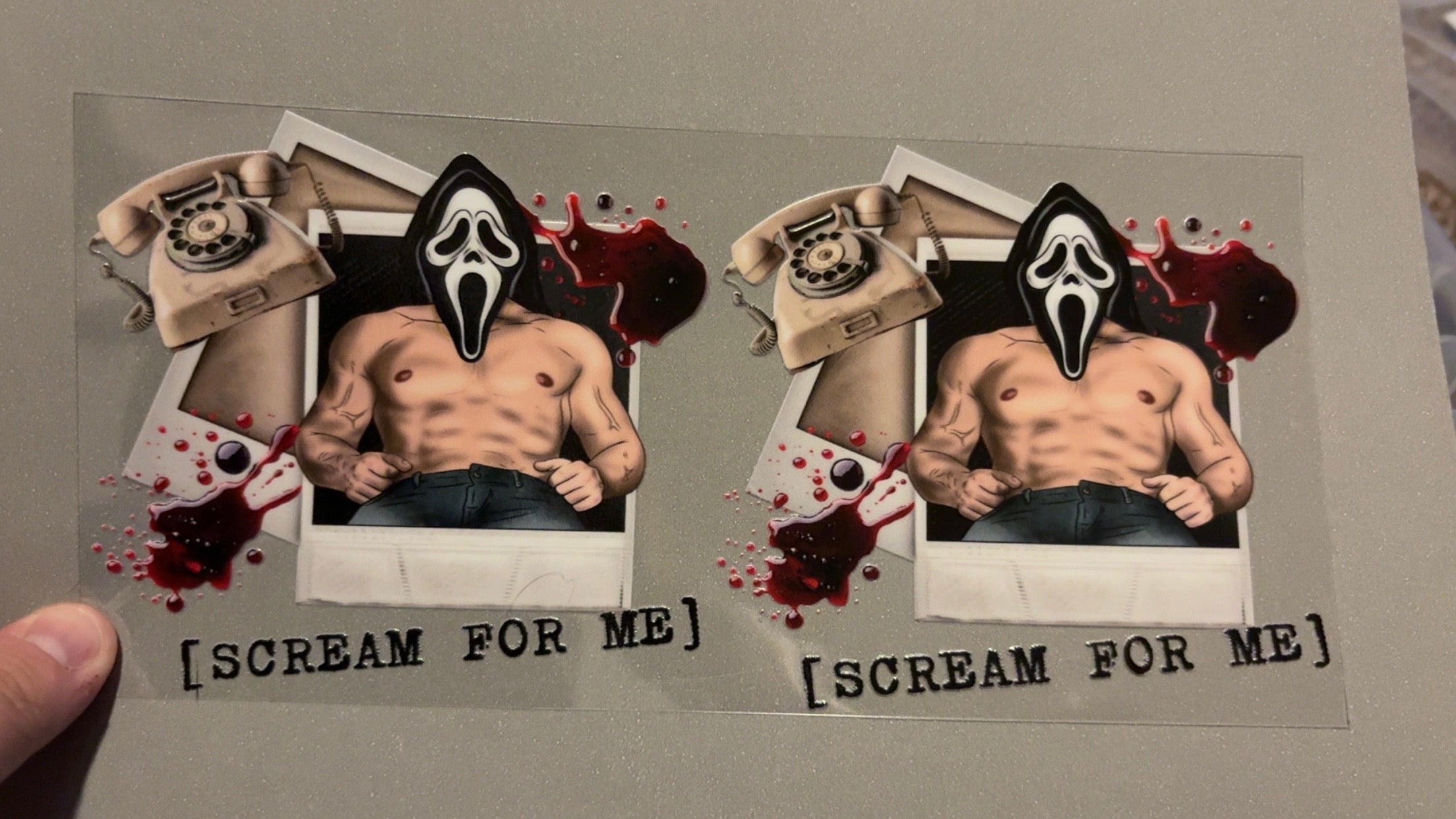 Double Scream for me, man, blood splats, phone