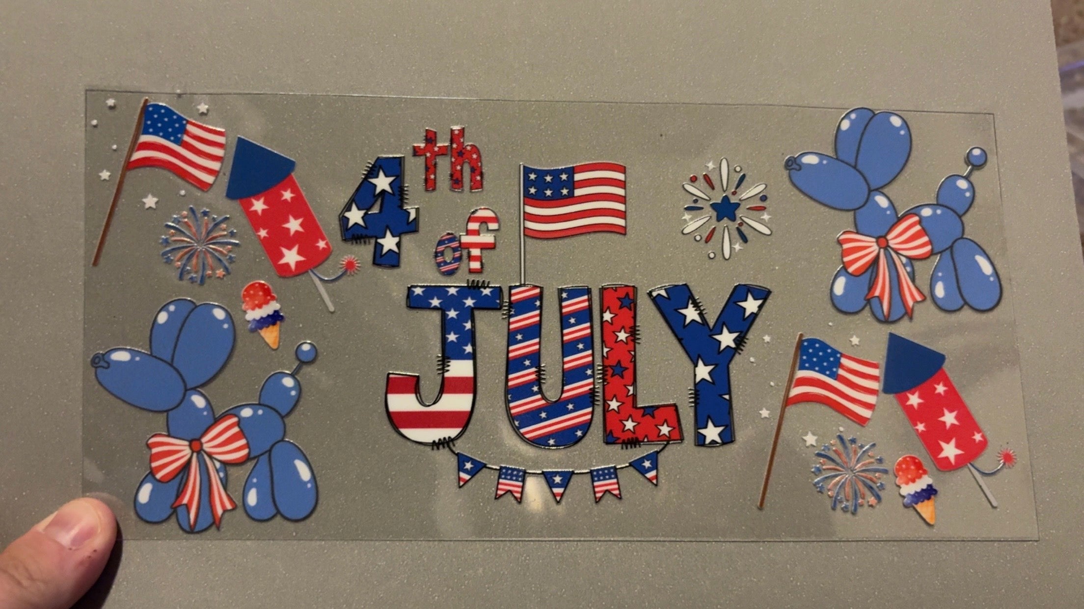4th of July, balloon dogs, flags, fireworks