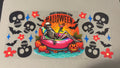 Waiting for Halloween with skeleton on tube, flowers, skulls
