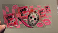 Pink kill book, michael myers mask, knife, kiss lips