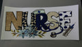 Nurse, blue stethoscope, syringe, flowers