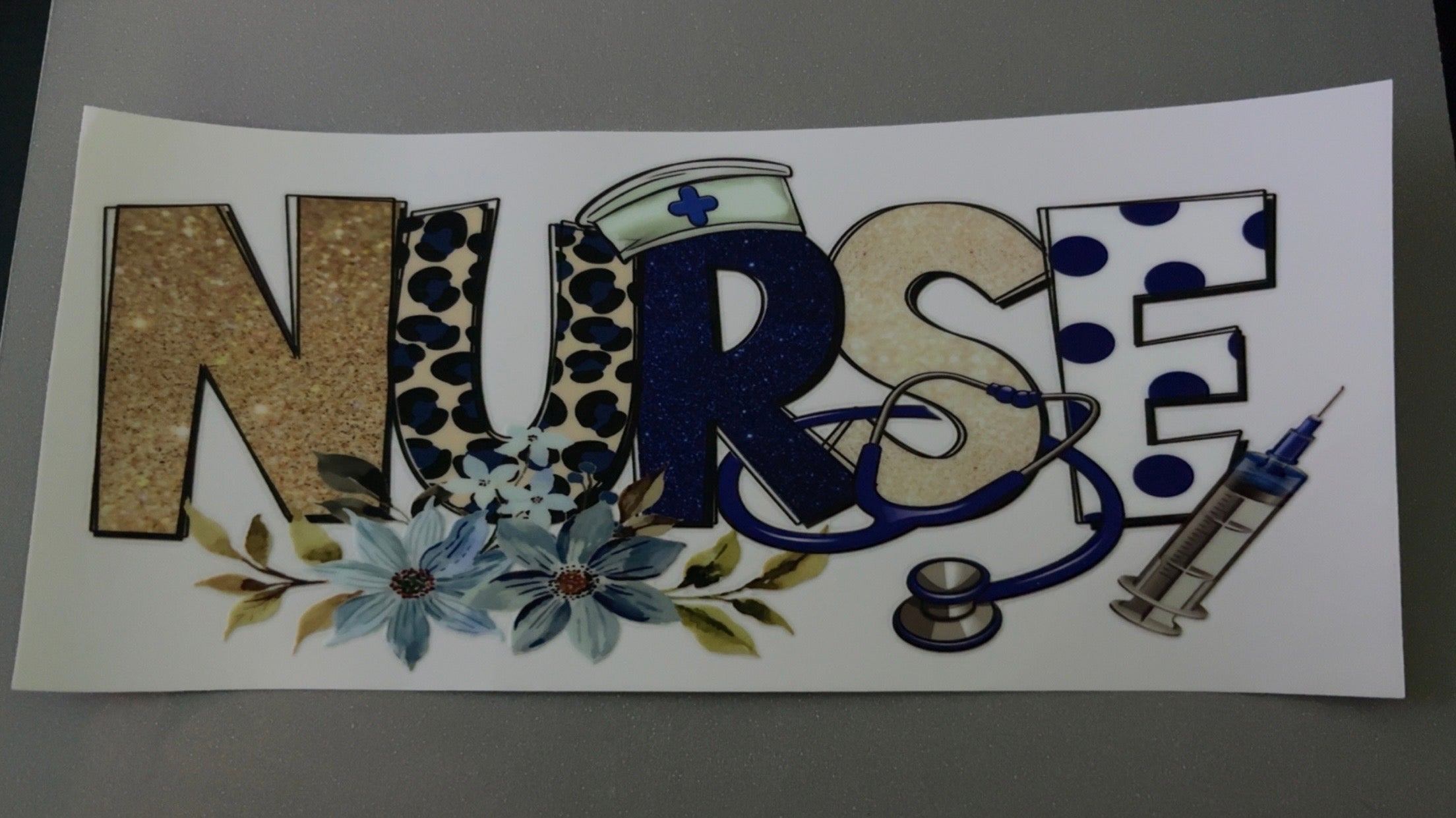 Nurse, blue stethoscope, syringe, flowers