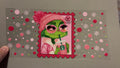 Girl Grinch drinking starbucks stamp, polka dot & snowflake background