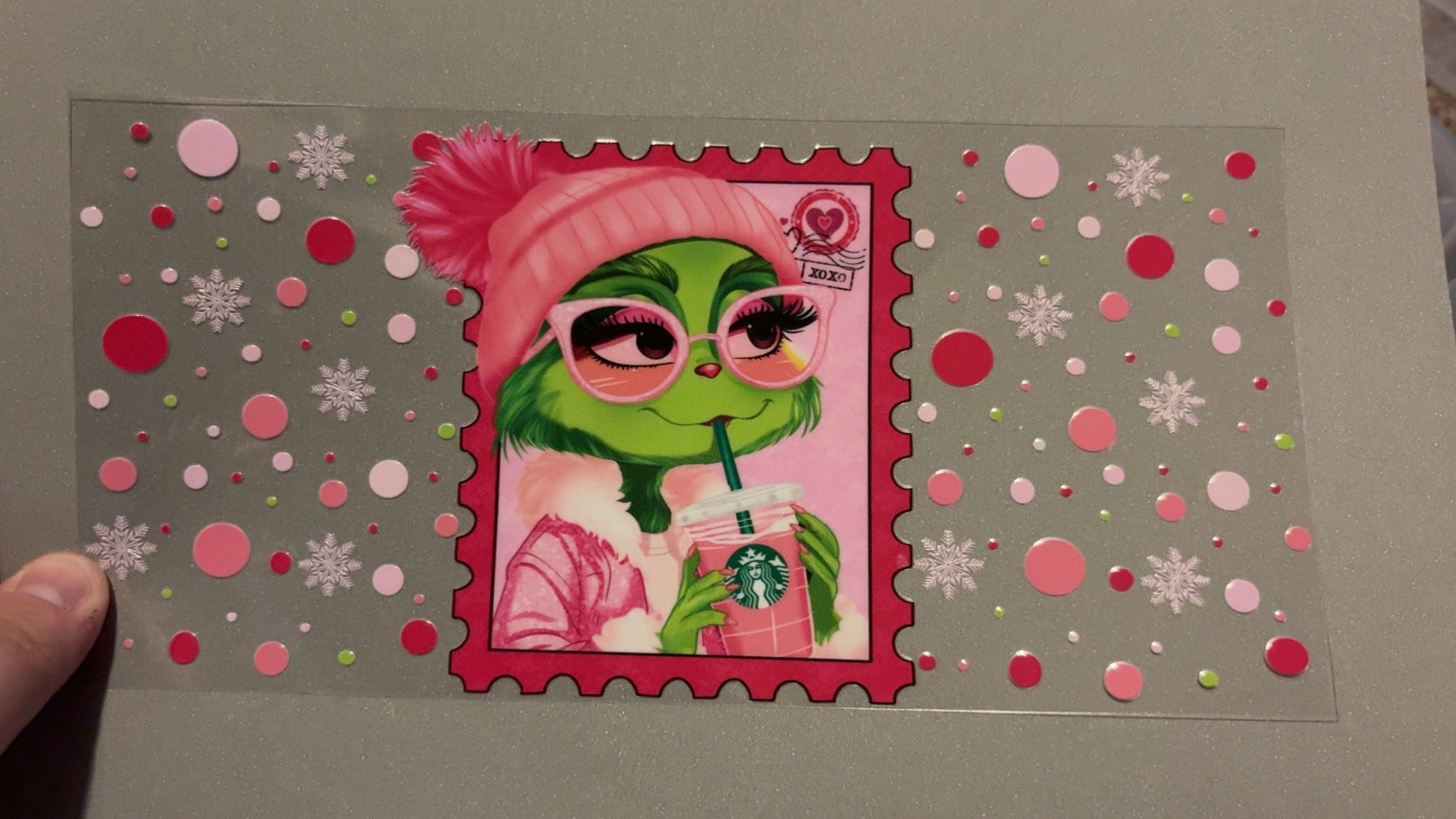Girl Grinch drinking starbucks stamp, polka dot & snowflake background