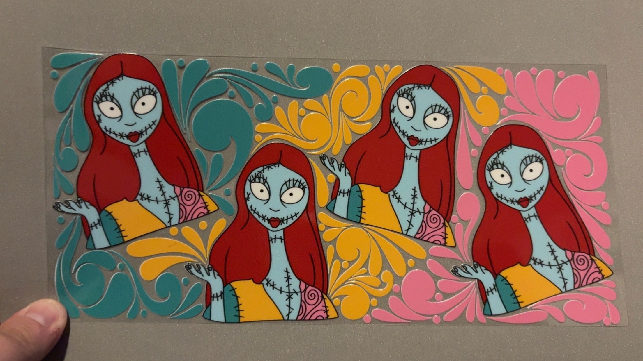 Sally, nightmare before christmas, pink, yellow, teal swirl background