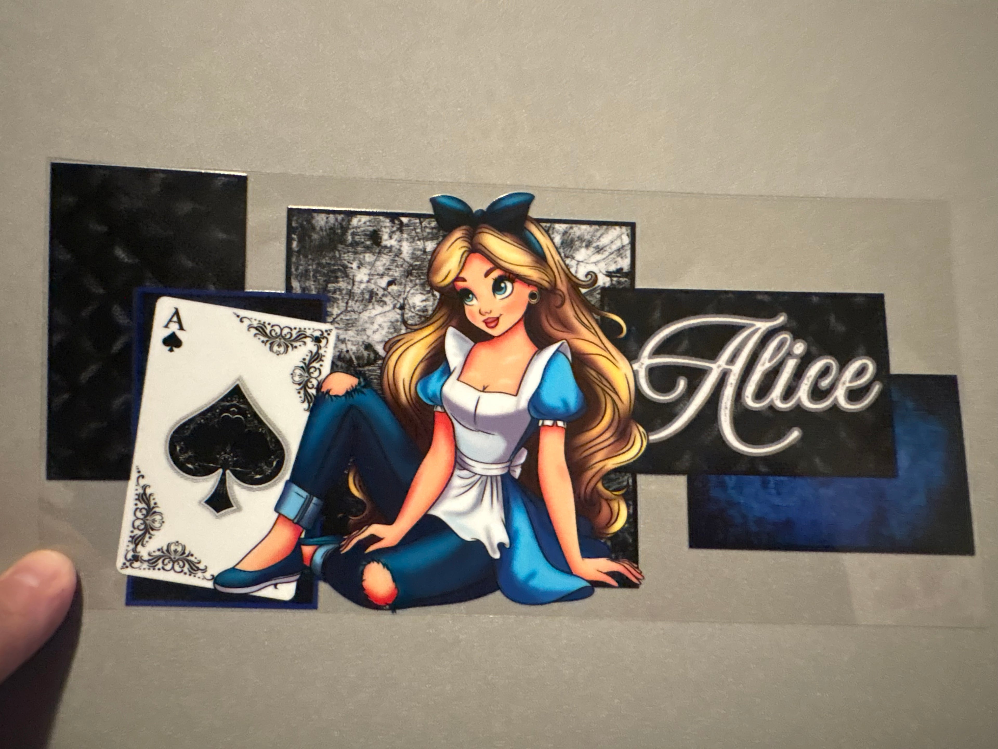 Alice in Wonderland, Ace card,blue & white top, jeans