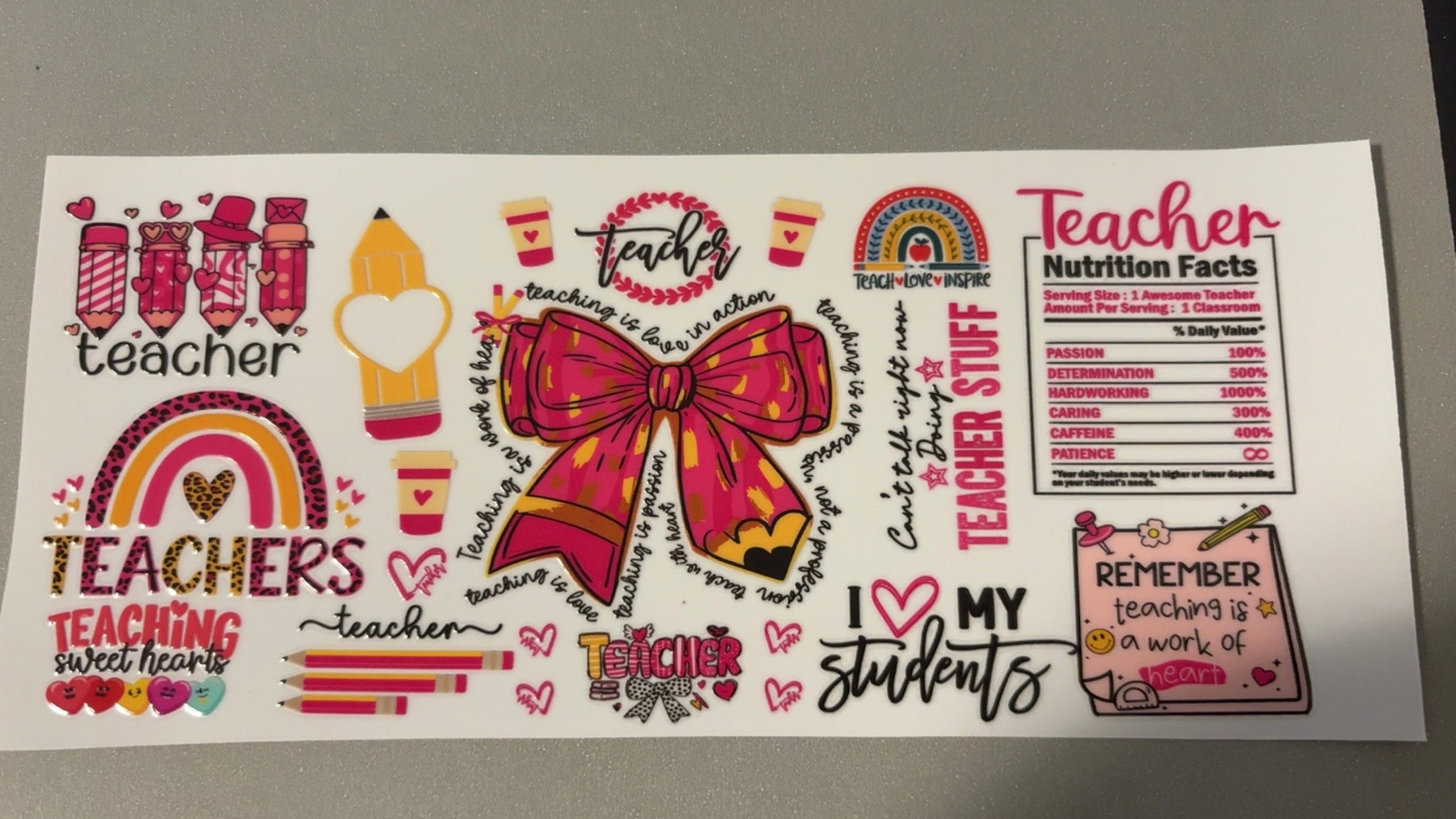Teacher nutrition fact, pink pencil bow