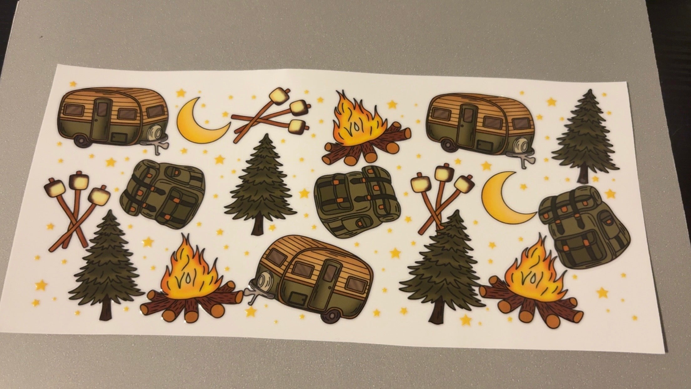 Campers, campfire's, trees, moons, backpacks