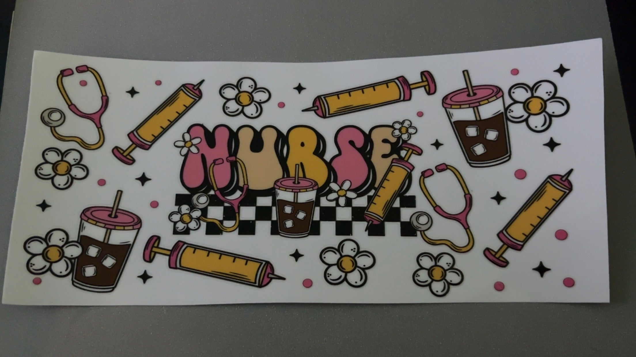 Nurse, yellow syringe, coffee, flowers