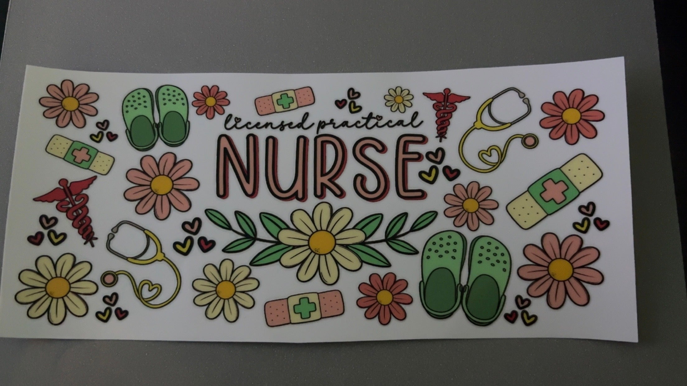 Licensed Practical Nurse, crocs, flowers, bandaids