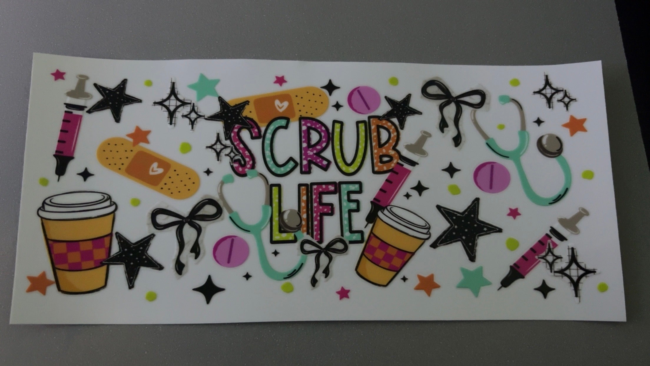 Scrub life, coffee, bows, stars, syringe, bandaids
